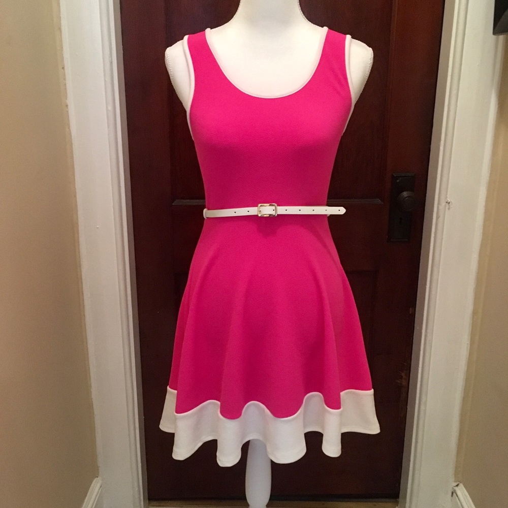 Blue S Hot Pink Belted Flair Dress